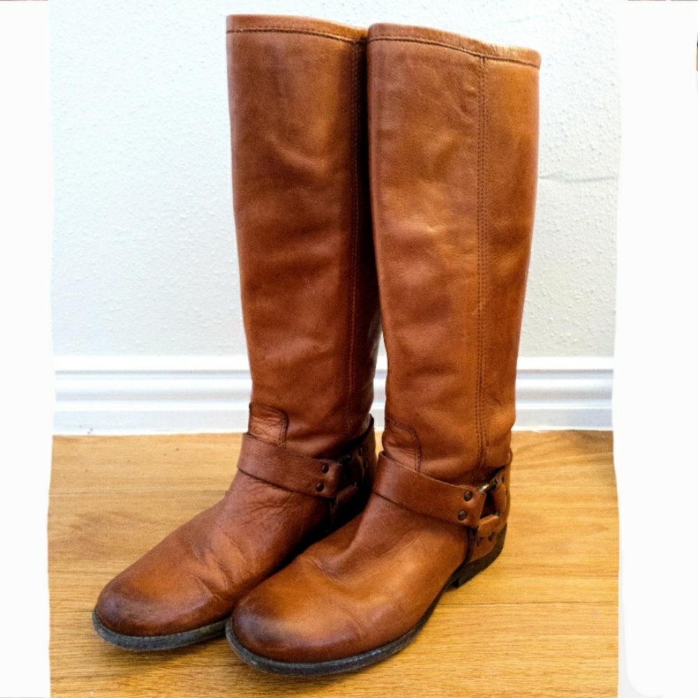 Frye Philip Harness Tall Boots 8 Cognac Leather